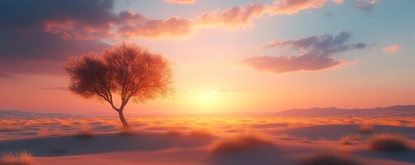 Obraz premium Tranquil Desert Sunset With a Tree, Generative AI