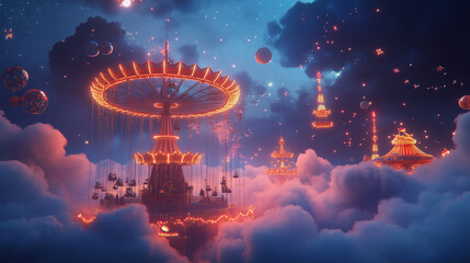 Fototapeta premium A carnival scene where the rides are made of clouds and stars