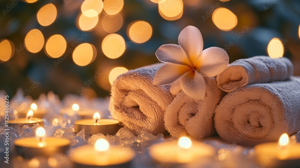 Poster soft candlelight illuminates a serene space featuring plush towels and a fragrant flower.