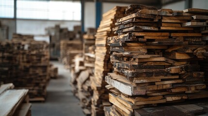 Fototapeta premium Stacks of wooden boards neatly piled in a factory warehouse showcasing raw materials for manufacturing and craftsmanship processes