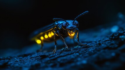 Glowing insect on dark wood.
