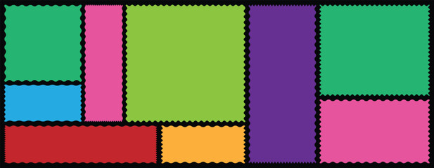 Fototapeta premium Colorful zigzag frame. Rectangle shape frame with zigzag edge. Rectangular jagged curved box element. Set of various shapes and colors frames. Different shapes and sizes frame with zigzag edge