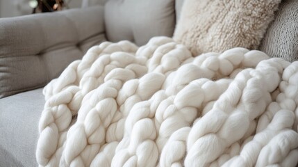 Cozy soft chunky knit blanket draped on sofa in modern living room showcasing elegant interior design elements