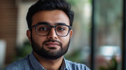 Fototapeta premium Young man with glasses smiling confidently in a modern setting reflecting technology and communication in a professional context