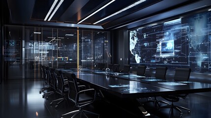 A high-tech conference room with large LED screens and comfortable seating for ten people, all surrounded by advanced tech equipment and digital displays