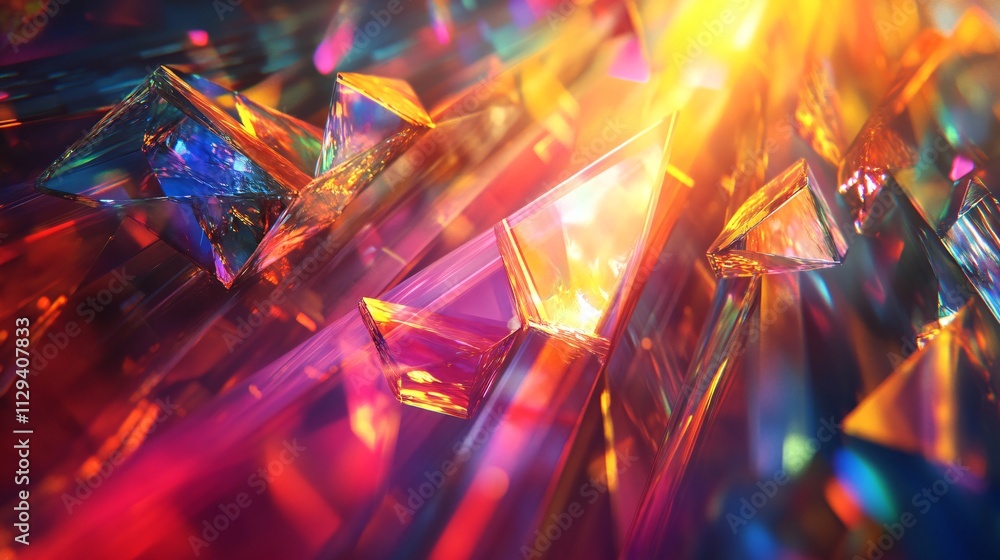 Poster a vibrant display of colorful crystals reflecting light, creating a dazzling spectrum of hues and ge