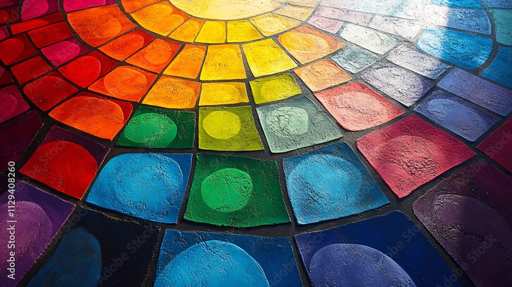 Poster a vibrant circular mosaic design featuring various colors, arranged in a radiating pattern that crea