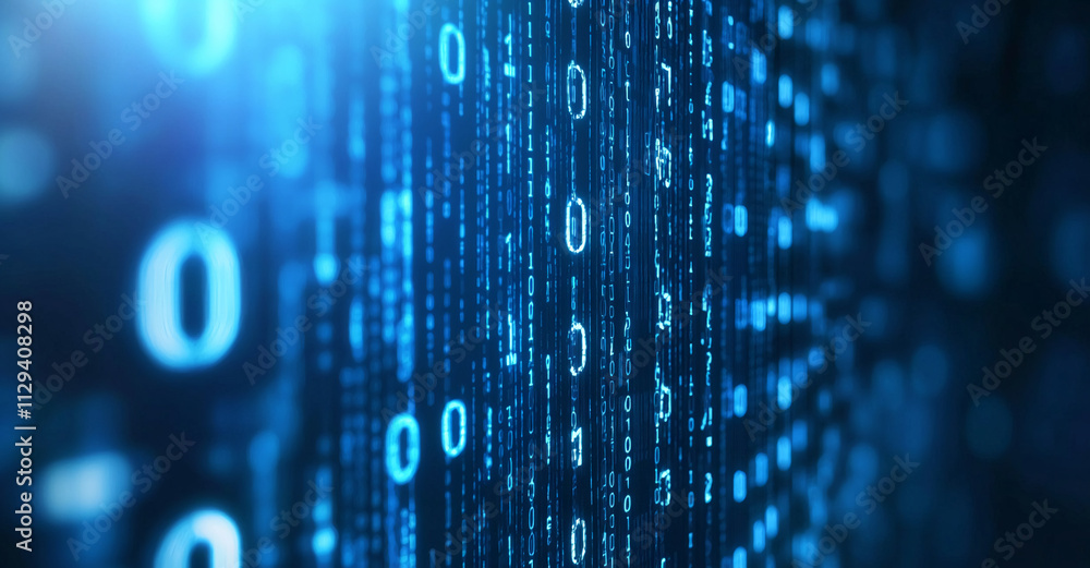 Poster Digital binary code flowing in a futuristic blue backdrop representing data processing and technology