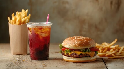Fast food meal with burger, fries, and soft drink on wooden table background