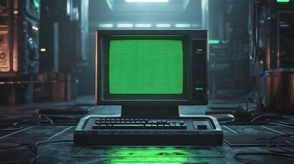 Vintage computer with green text screen in dark