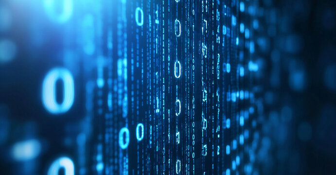 Digital binary code flowing in a futuristic blue backdrop representing data processing and technology
