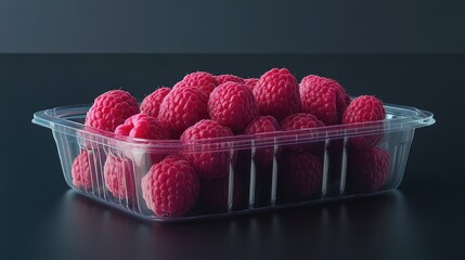 Freshly picked ripe raspberries displayed in a clear plastic container on a dark surface natural food photography.