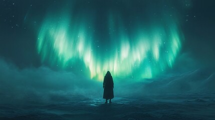 Fototapeta premium A figure stands in awe beneath the vibrant auroras, surrounded by misty landscapes, creating a serene and magical atmosphere.