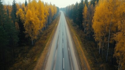 Obraz premium Aerial view of a tranquil road surrounded by vibrant autumn foliage in a picturesque forest landscape filled with yellow and orange hues