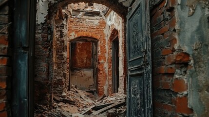 19th century red brick manor ruins with detailed doors and crumbling walls showcasing the passage of time and architectural decay