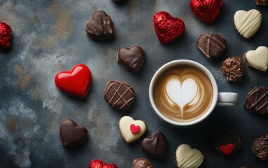 A romantic flat lay with a steaming coffee cup and chocolates arranged beautifully for valentines day