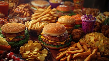 Fototapeta premium Variety of Fast Food and Snack Delights Including Burgers Fried Chicken Fries Chips and Fresh Salads with Sauces Perfect for Food Lovers