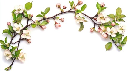 Obraz premium Spring floral branch with blooming flowers and fresh leaves arranged decoratively on a clean white background for nature-themed designs