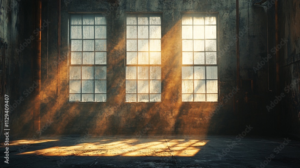 Poster a serene, sunlit interior with three large windows casting warm rays across a dusty floor, creating 