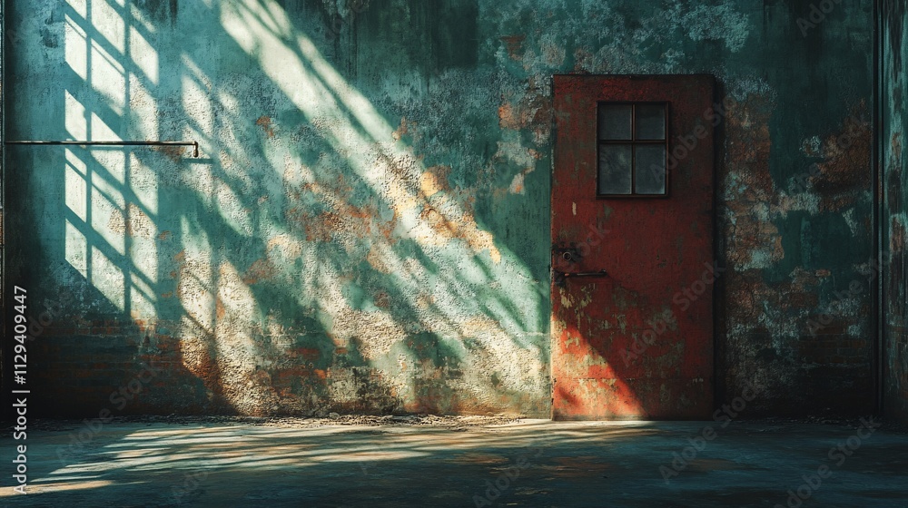 Poster a weathered wall with a red door casts shadows from sunlight, creating a dramatic interplay of light