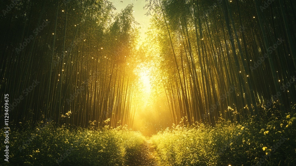 Poster a serene forest path illuminated by golden sunlight filtering through tall bamboo, creating a peacef