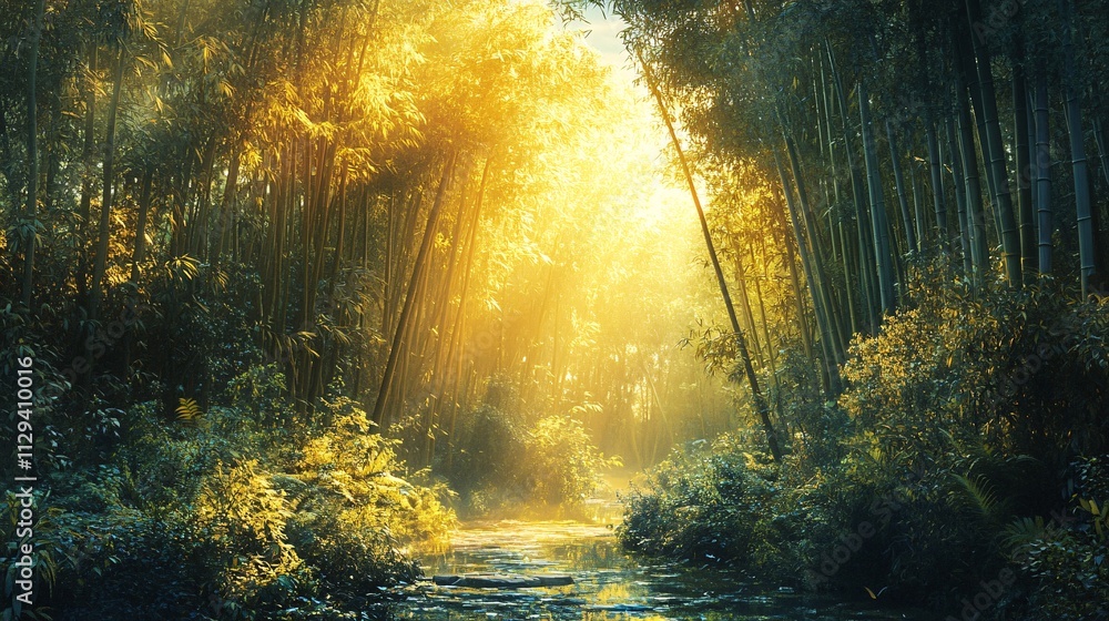 Poster a serene bamboo forest with golden light filtering through the trees, illuminating a tranquil stream