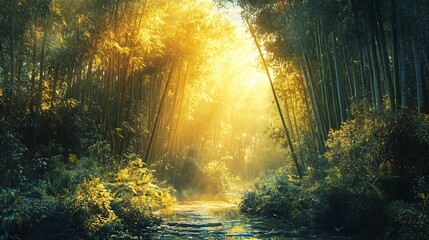 Obraz premium A serene bamboo forest with golden light filtering through the trees, illuminating a tranquil stream surrounded by lush greenery.