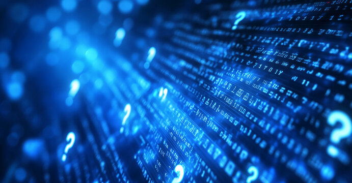 Digital data stream with question marks representing uncertainty in information and technology