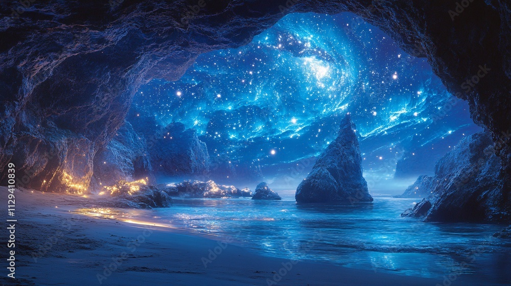 Poster a mesmerizing cave scene illuminated by blue cosmic patterns, blending natural beauty with celestial