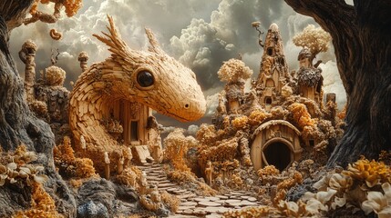 Obraz premium A whimsical fantasy landscape featuring a large, dragon-like creature amidst an intricate, enchanted village surrounded by surreal, fluffy trees.