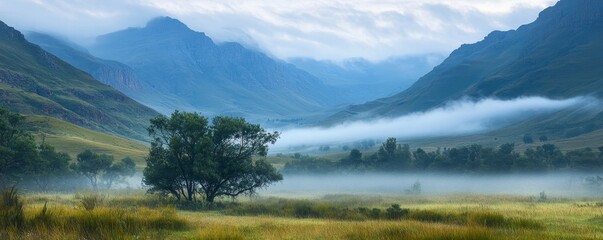 Misty Morning in a Tranquil Mountain Landscape, Generative AI