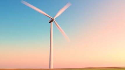 Fototapeta premium wind turbine captured against clear blue sky with blurred fields in foreground adding depth to image