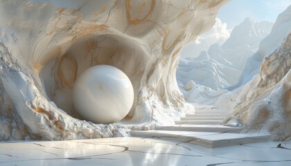 A white sphere is in a cave with a mountain in the background