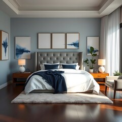 Modern Luxury Bedroom Interior with Elegant Grey Bed, Wooden Nightstands, and Minimalist Decor