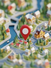 Model town with a prominent location pin highlighting specific houses near a waterway on a bright day
