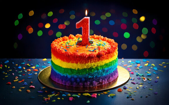 LGBT first anniversary cake decorated with a lit 1 shaped candle and the colors of the diversity flag in a pride celebration