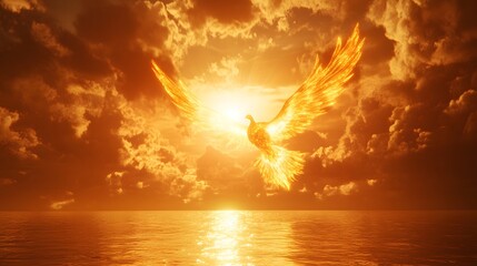 A luminous phoenix rising from golden clouds above a tranquil sea.