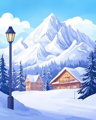 Fototapeta premium A serene winter landscape featuring snow-capped mountains and cozy wooden cabins.