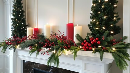 Christmas red berries and greenery with white lights wrapped around the candles 