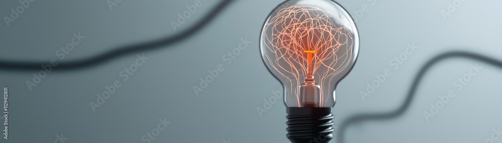 Poster a close-up view of a glowing light bulb with intricate filament designs, set against a minimalistic 