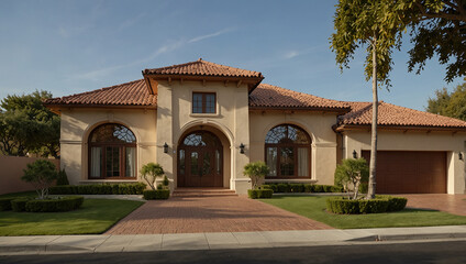 Obraz premium A light beige house with a terracotta tile roof, large arched windows and a dark front door.