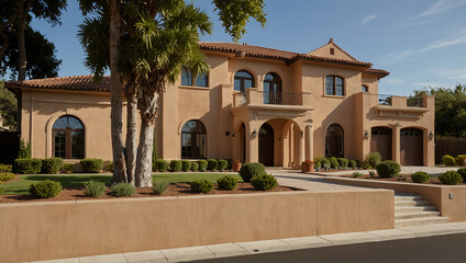 A light beige house with a terracotta tile roof, large arched windows and a dark front door.