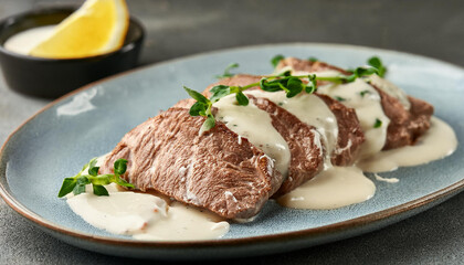 Beef fillet with bearnaise sauce in ceramic plate. Tasty meat food. Delicious dish. Cooking concept