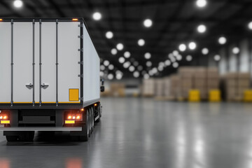 Cargo delivery truck in warehouse.