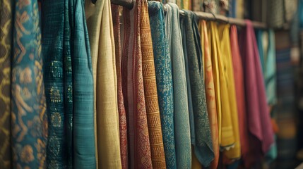 A market vendor displaying a variety of colorful woven fabrics in a bustling bazaar.