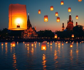 Night sky illuminated by floating Thai lanterns during Yi Peng festival