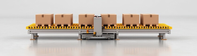 A conveyor system transporting cardboard boxes in a modern warehouse setup, showcasing automation and efficiency in logistics.
