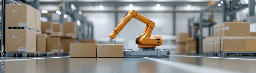 Poster a robotic arm operates in a warehouse, efficiently handling packages amidst rows of stacked boxes.