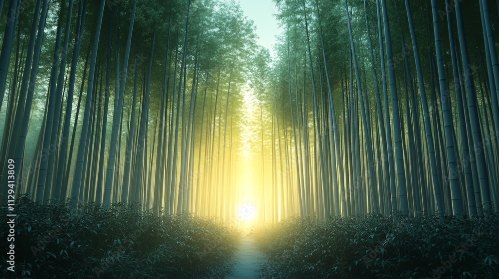 Poster a serene bamboo forest illuminated by soft sunlight, creating a tranquil and mystical atmosphere.