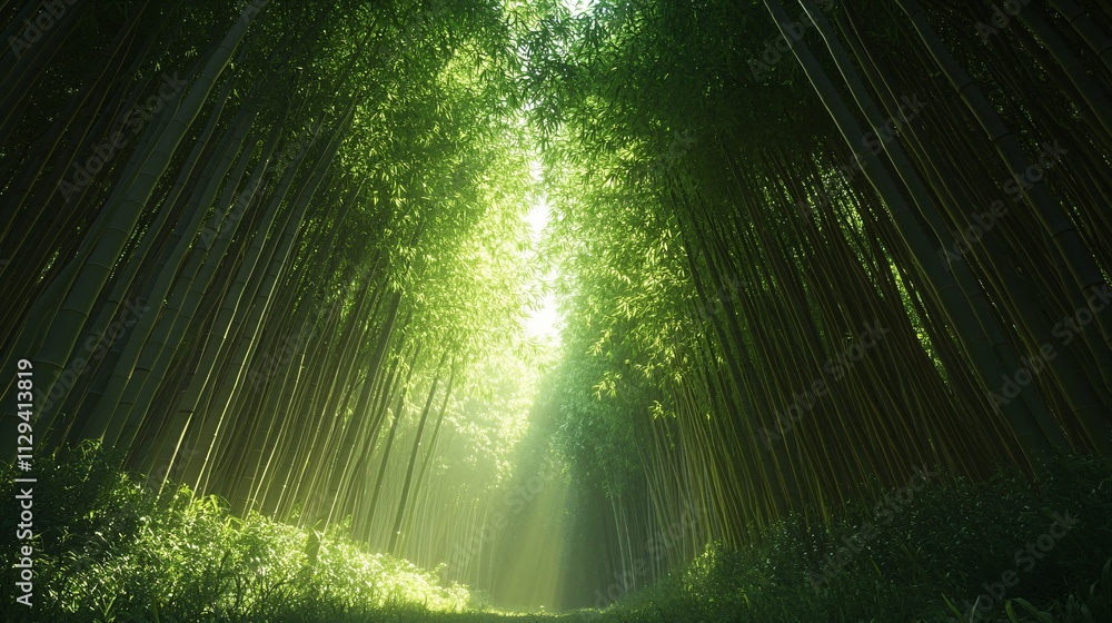 Poster a serene bamboo forest with sunlight filtering through, creating a tranquil and lush green atmospher